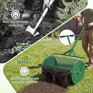 24 Inch Compost Spreader Peat Moss Spreader Roller with Height-Adjustable T-Shaped Handle-Green view 7