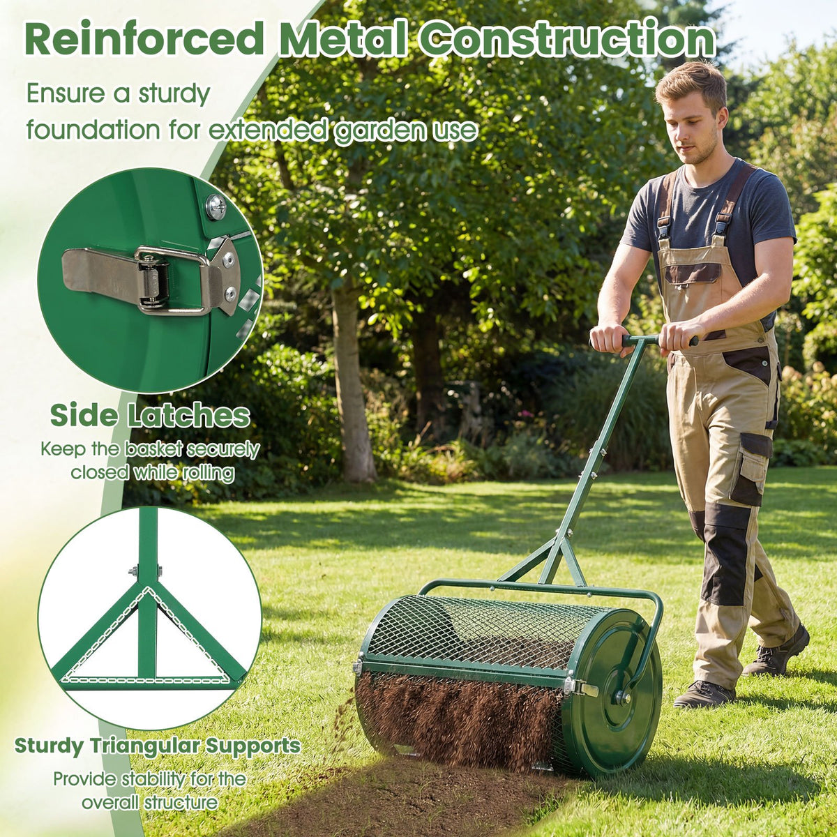 24 Inch Compost Spreader Peat Moss Spreader Roller with Height-Adjustable T-Shaped Handle-Green view 8