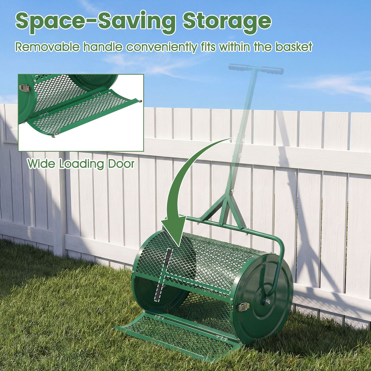 24 Inch Compost Spreader Peat Moss Spreader Roller with Height-Adjustable T-Shaped Handle-Green view 9