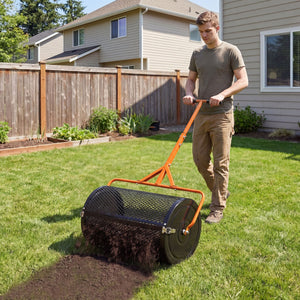 24 Inch Compost Spreader Peat Moss Spreader Roller with Height-Adjustable T-Shaped Handle-Orange view 2