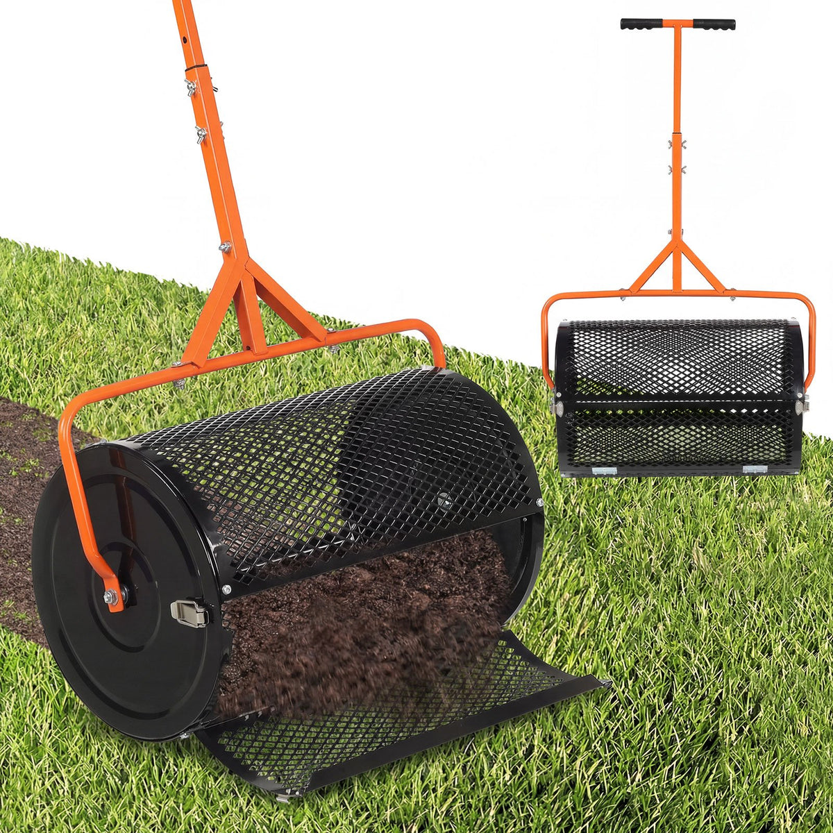 24 Inch Compost Spreader Peat Moss Spreader Roller with Height-Adjustable T-Shaped Handle-Orange view 3