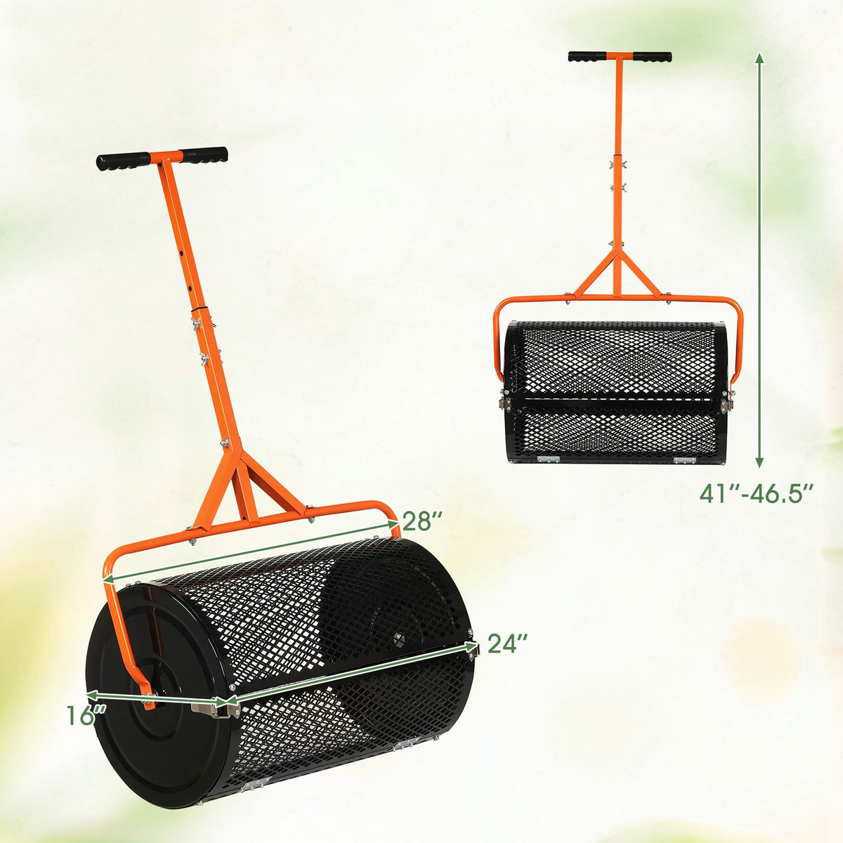 24 Inch Compost Spreader Peat Moss Spreader Roller with Height-Adjustable T-Shaped Handle-Orange view 4
