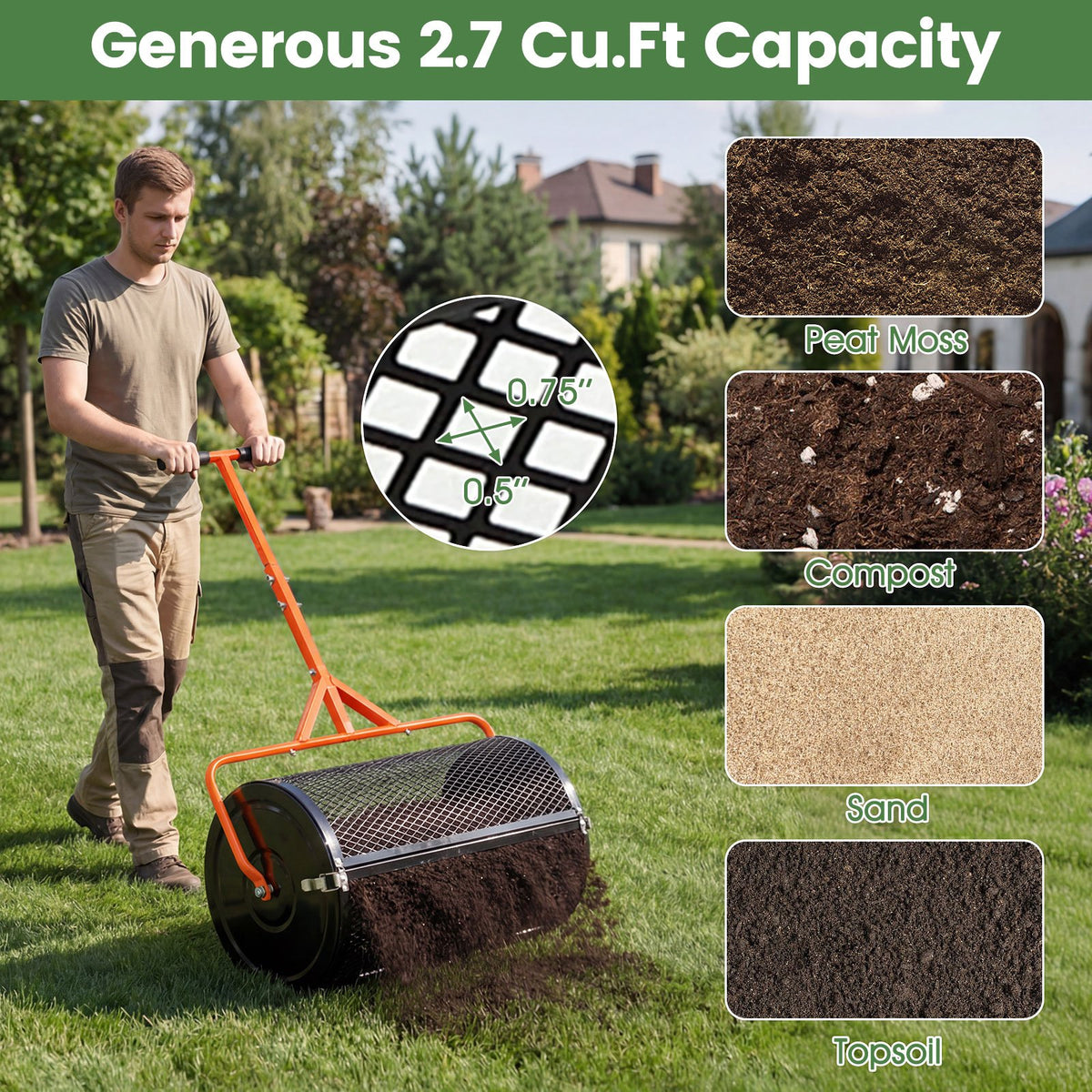 24 Inch Compost Spreader Peat Moss Spreader Roller with Height-Adjustable T-Shaped Handle-Orange view 5