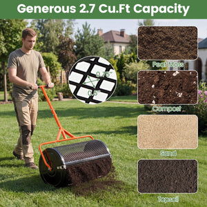 24 Inch Compost Spreader Peat Moss Spreader Roller with Height-Adjustable T-Shaped Handle-Orange view 5