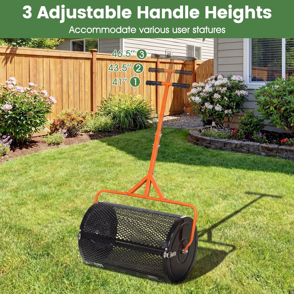 24 Inch Compost Spreader Peat Moss Spreader Roller with Height-Adjustable T-Shaped Handle-Orange view 6