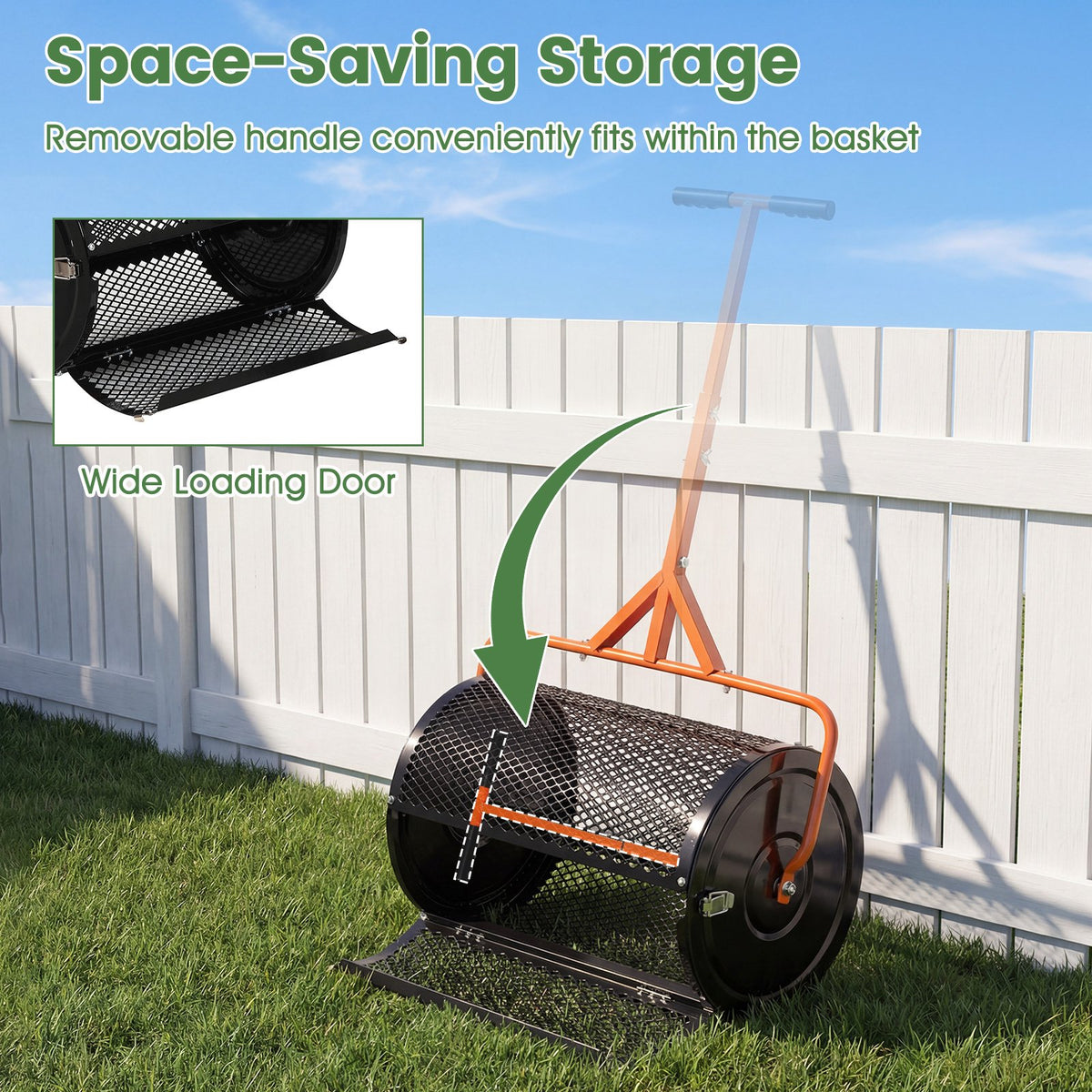 24 Inch Compost Spreader Peat Moss Spreader Roller with Height-Adjustable T-Shaped Handle-Orange view 9