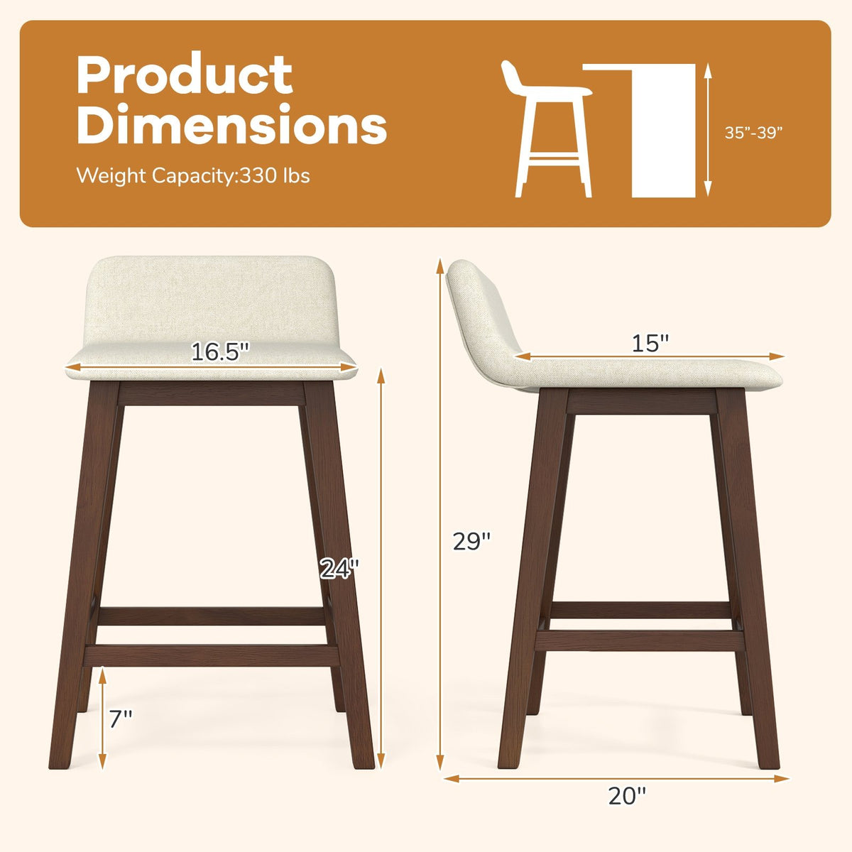 24 Inch Counter Height Bar Stools Set of 2 with Low Back-Brown view 4