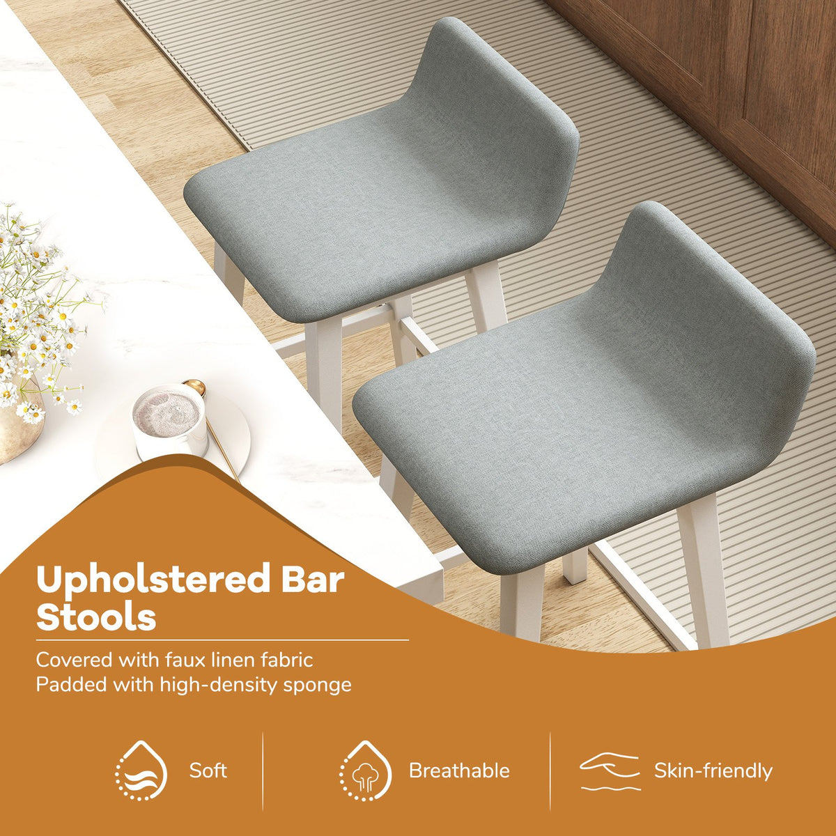 24 Inch Counter Height Bar Stools Set of 2 with Low Back-White view 6