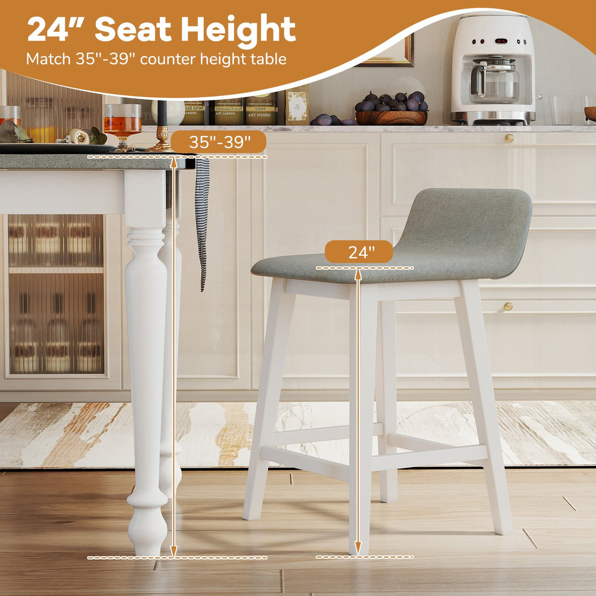 24 Inch Counter Height Bar Stools Set of 2 with Low Back-White view 7