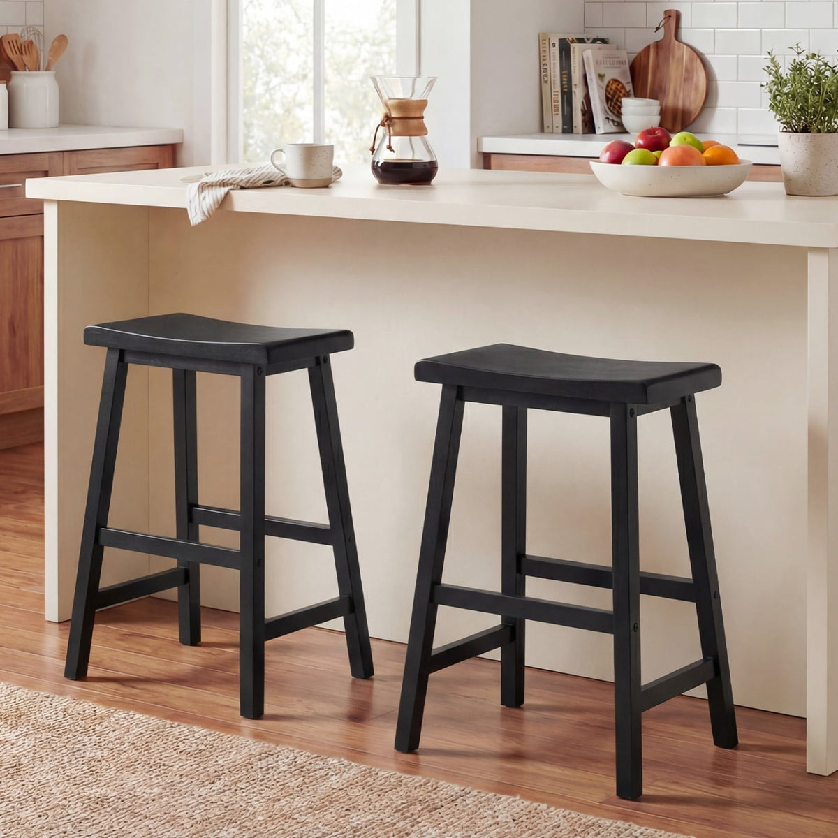 24 Inch Counter Height Stools Solid Wood Saddle Bar Stools Set of 2-Black view 2