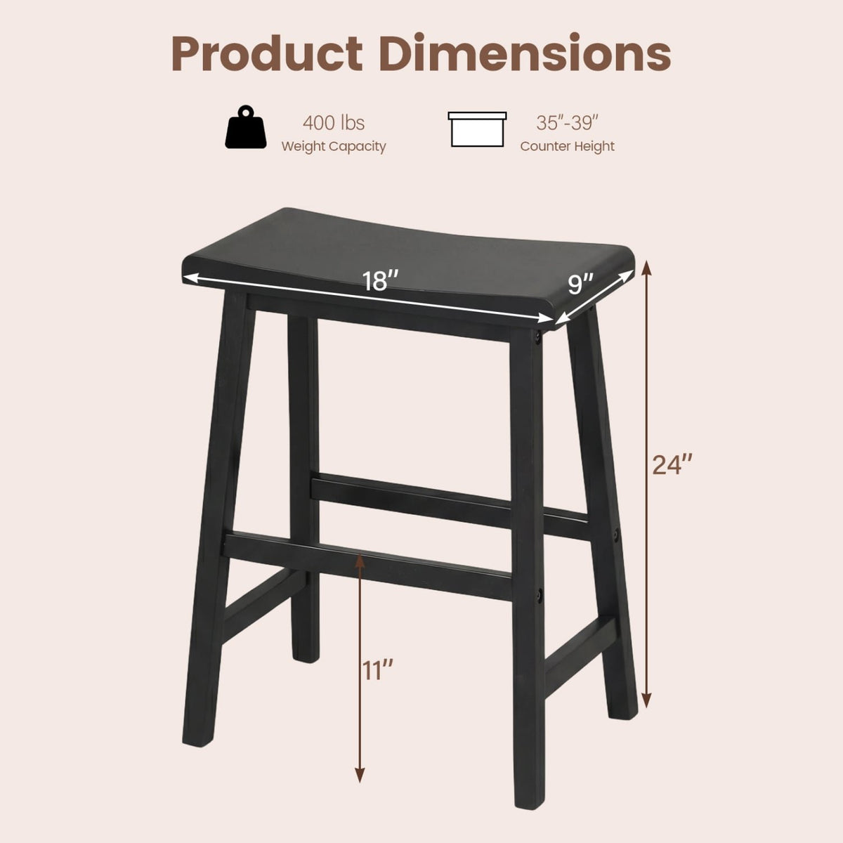 24 Inch Counter Height Stools Solid Wood Saddle Bar Stools Set of 2-Black view 4