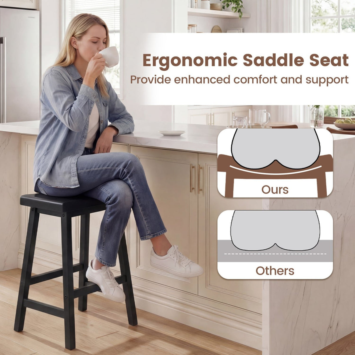 24 Inch Counter Height Stools Solid Wood Saddle Bar Stools Set of 2-Black view 5