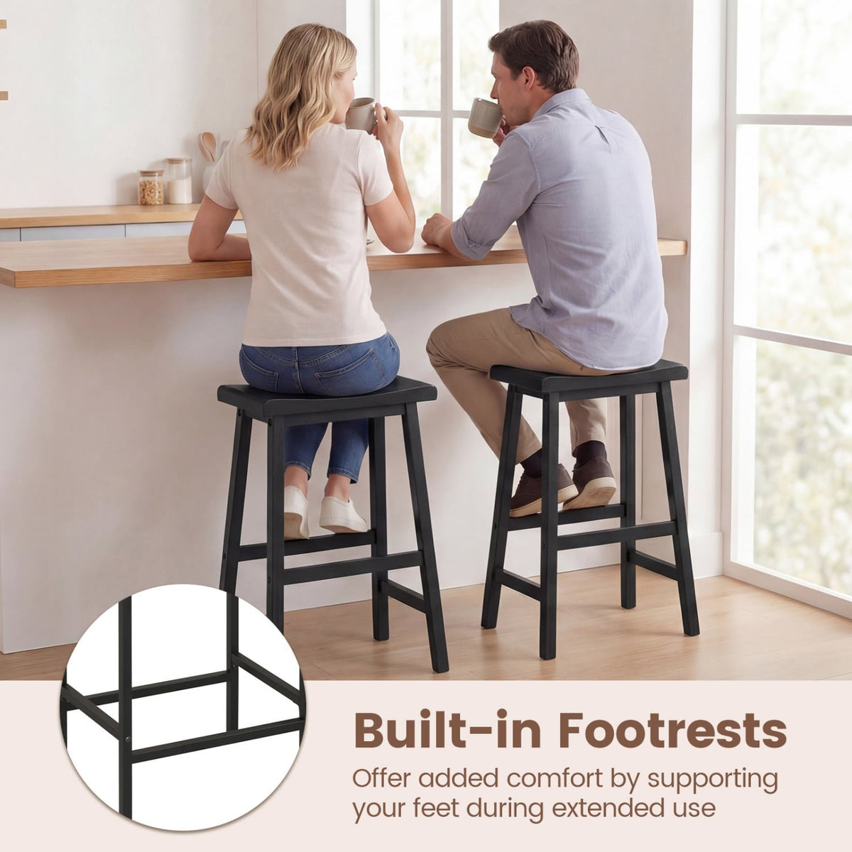 24 Inch Counter Height Stools Solid Wood Saddle Bar Stools Set of 2-Black view 7