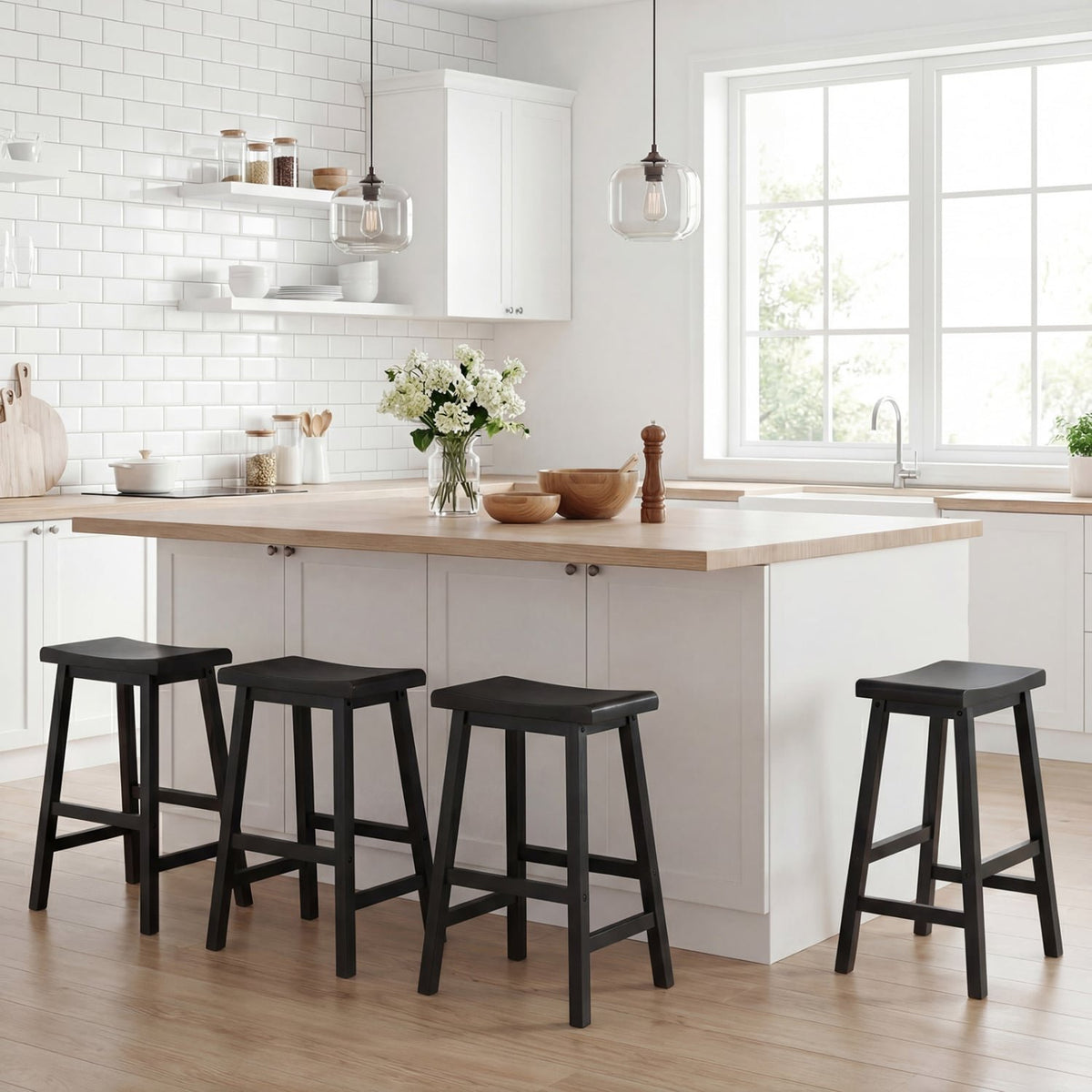 24 Inch Counter Height Stools Solid Wood Saddle Bar Stools Set of 2-Black view 8