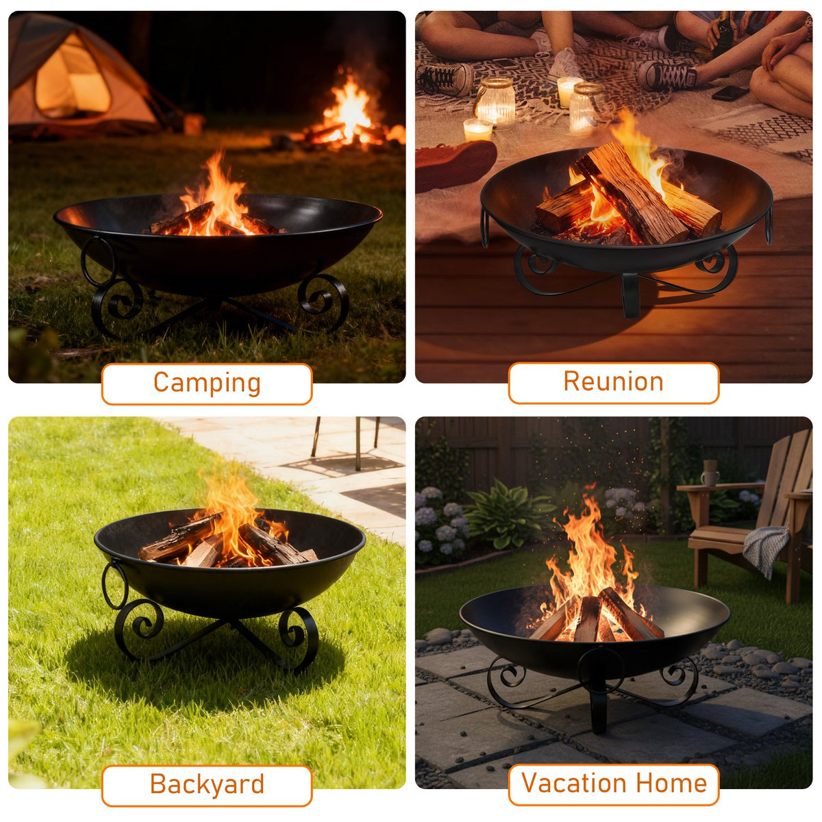 24 Inch Heavy-Duty Metal Fire Pit Bowl Outdoor Wood-Burning Firepit with Handles view 7