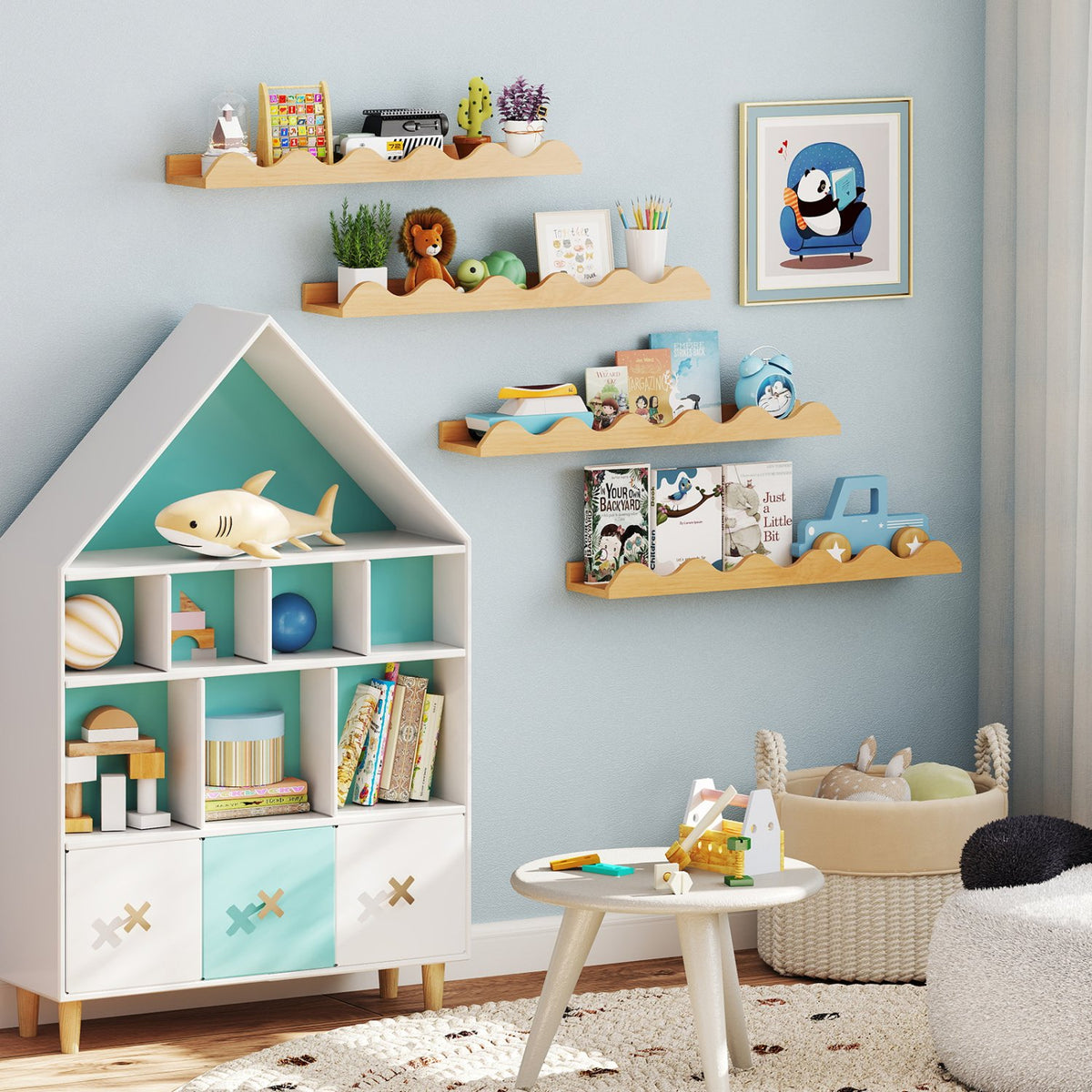 24 Inch Kids Bookshelf Set of 4 Wall-Mounted Picture Ledge Shelf-Natural view 3