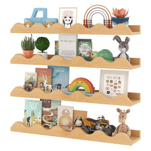 24 Inch Kids Bookshelf Set of 4 Wall-Mounted Picture Ledge Shelf-Natural view 4