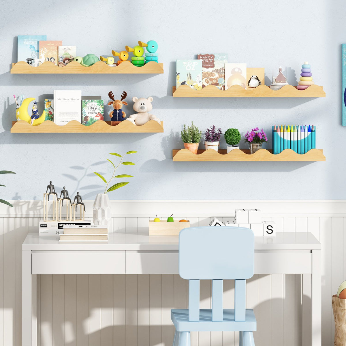 24 Inch Kids Bookshelf Set of 4 Wall-Mounted Picture Ledge Shelf-Natural view 7