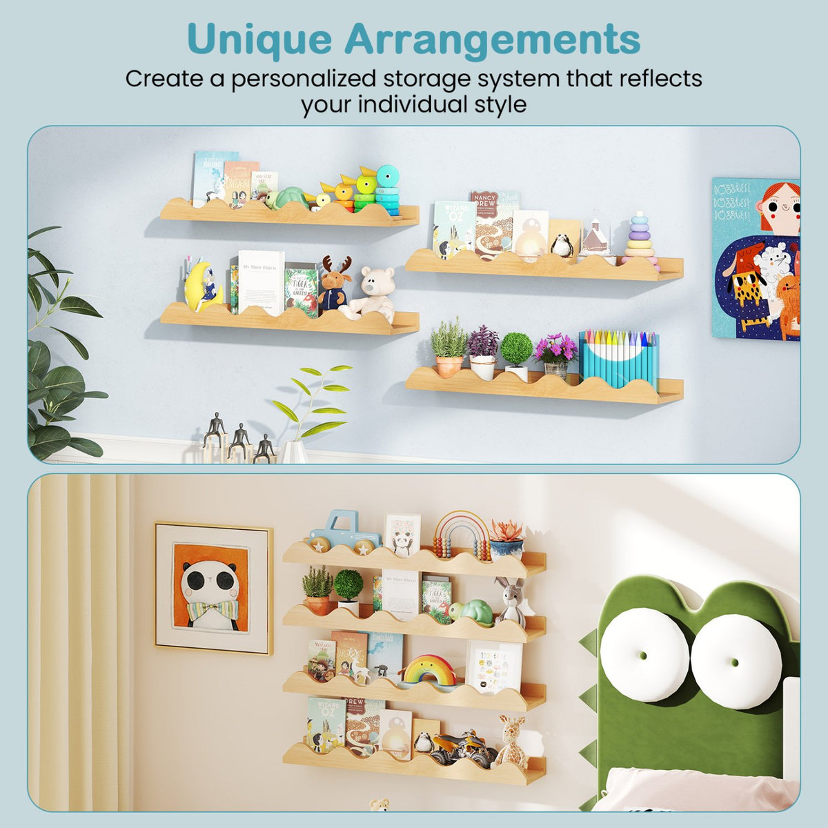 24 Inch Kids Bookshelf Set of 4 Wall-Mounted Picture Ledge Shelf-Natural view 9