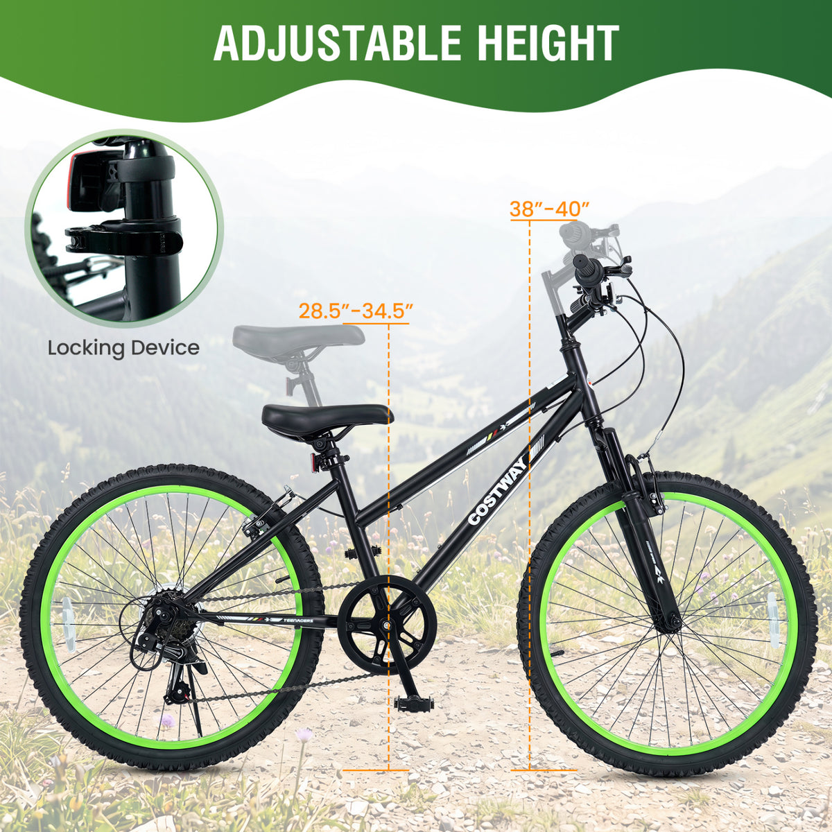 24 Inch Kids Mountain Bike Adjustable with 7 Speed and Suspension Fork-Black view 8