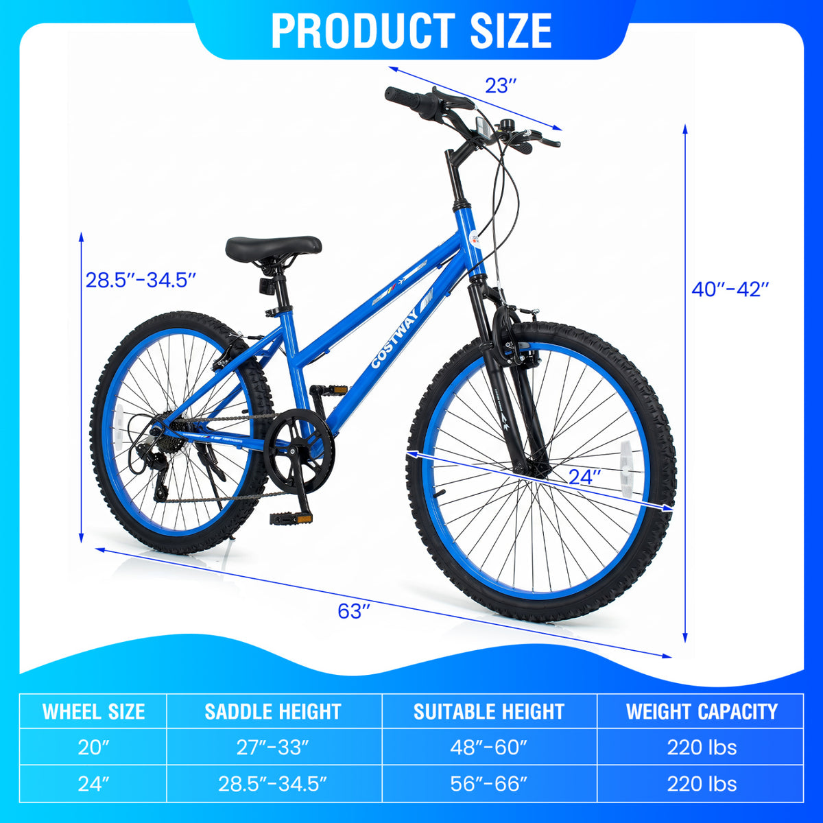 24 Inch Kids Mountain Bike Adjustable with 7 Speed and Suspension Fork-Blue view 5