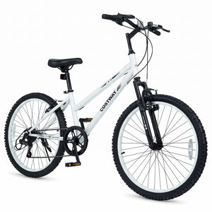24 Inch Kids Mountain Bike Adjustable with 7 Speed and Suspension Fork-White