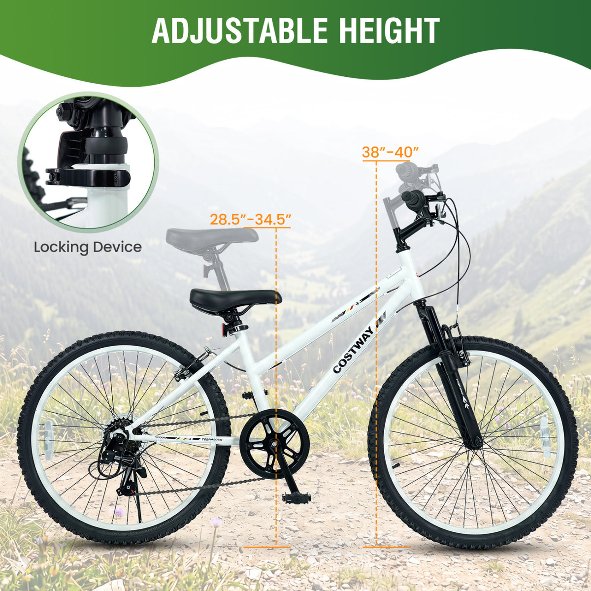 24 Inch Kids Mountain Bike Adjustable with 7 Speed and Suspension Fork-White view 8