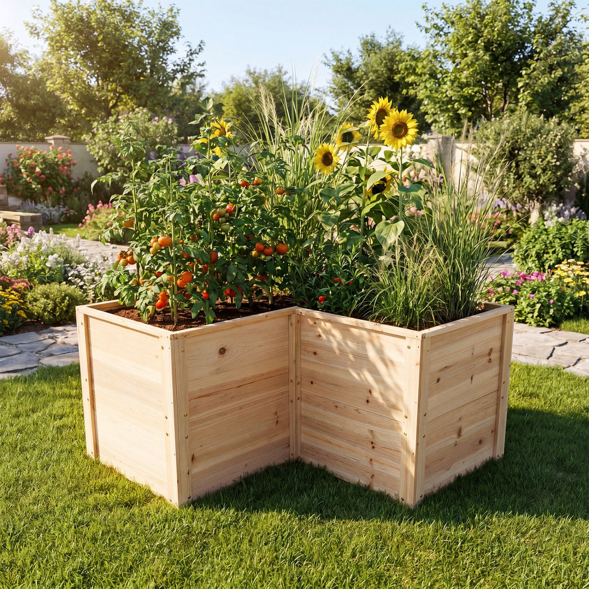 24 Inch L-Shaped Wooden Raised Garden Bed with Open-Ended Base-Natural view 2