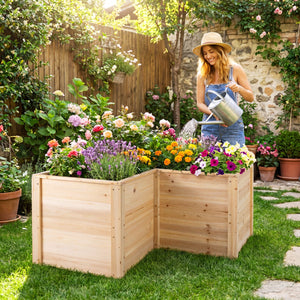 24 Inch L-Shaped Wooden Raised Garden Bed with Open-Ended Base-Natural view 3