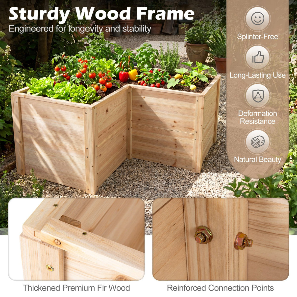 24 Inch L-Shaped Wooden Raised Garden Bed with Open-Ended Base-Natural view 7
