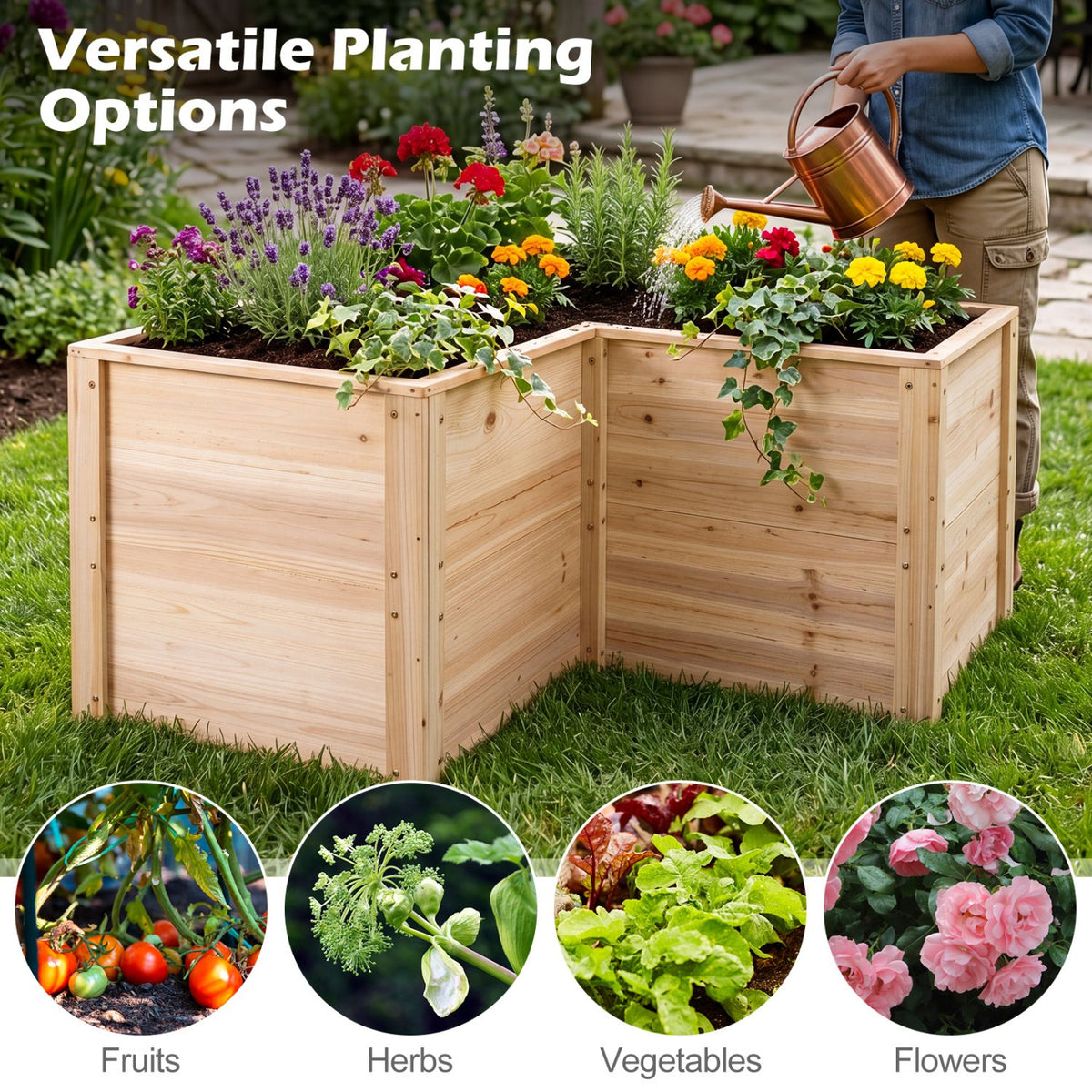 24 Inch L-Shaped Wooden Raised Garden Bed with Open-Ended Base-Natural view 9