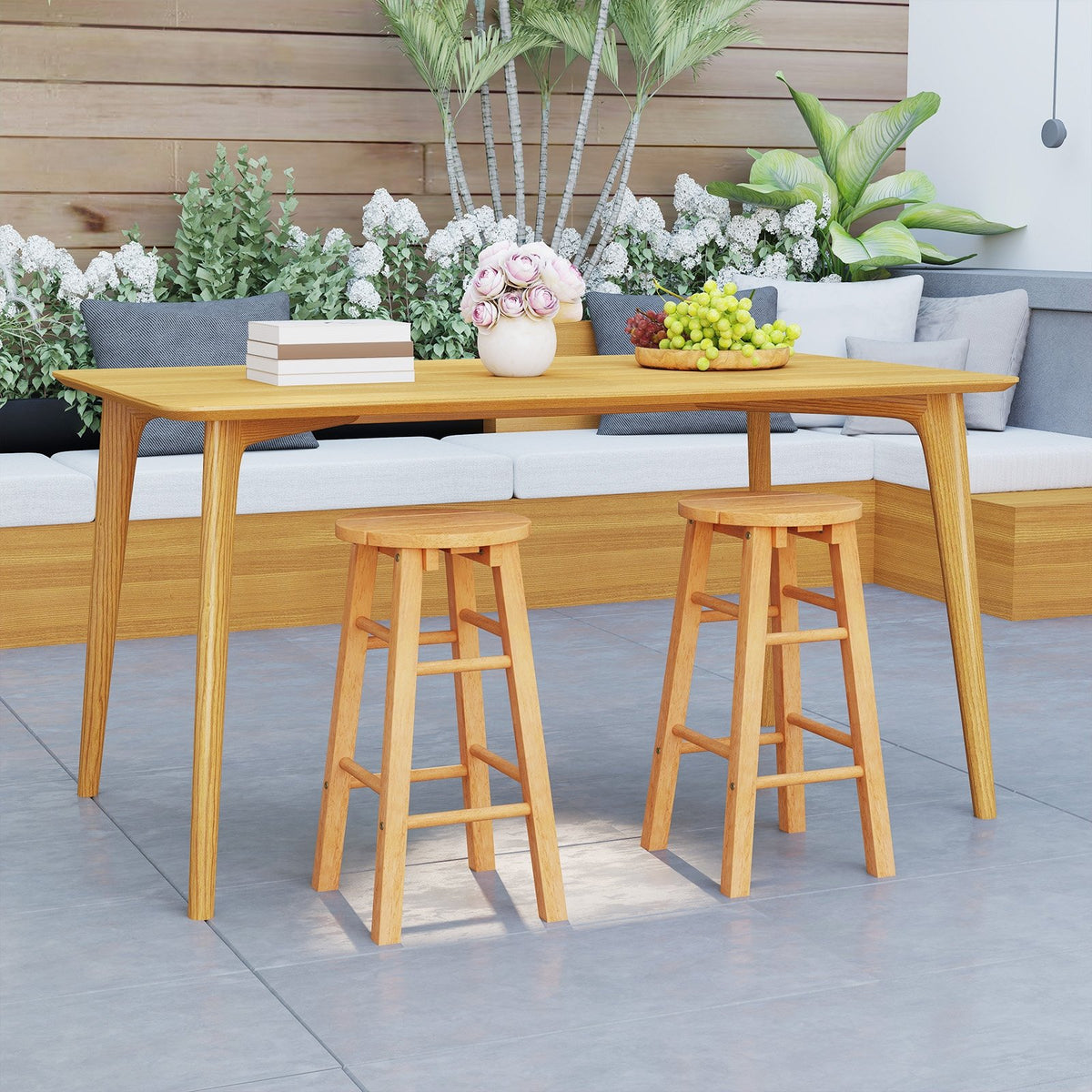 24-Inch Outdoor Wood Bar Stools Set of 2 with Round Seat and Footrest view 2