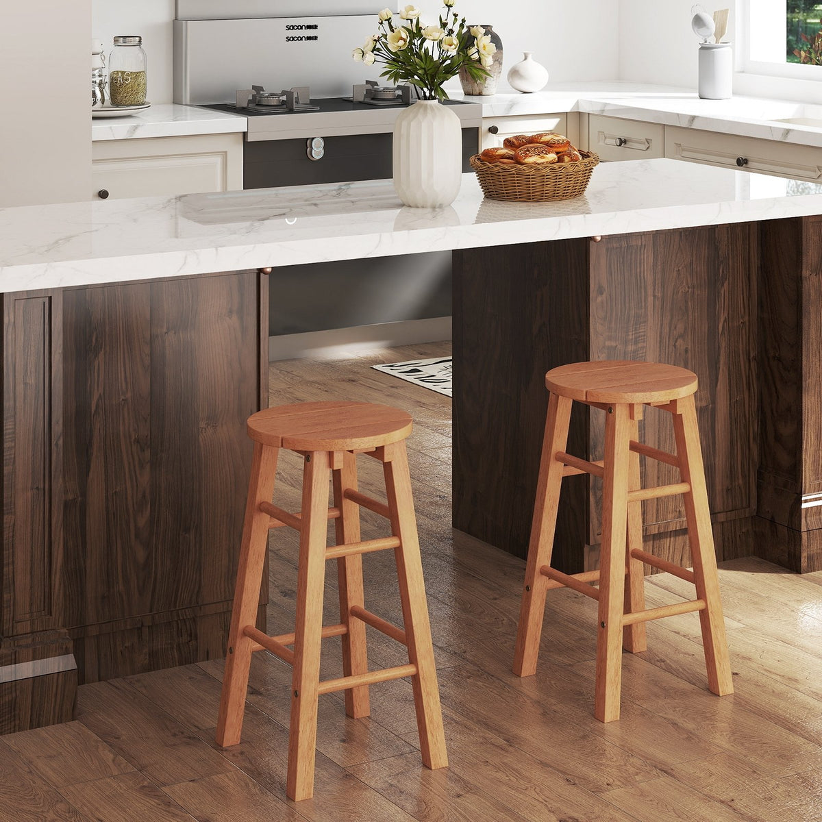 24-Inch Outdoor Wood Bar Stools Set of 2 with Round Seat and Footrest view 3