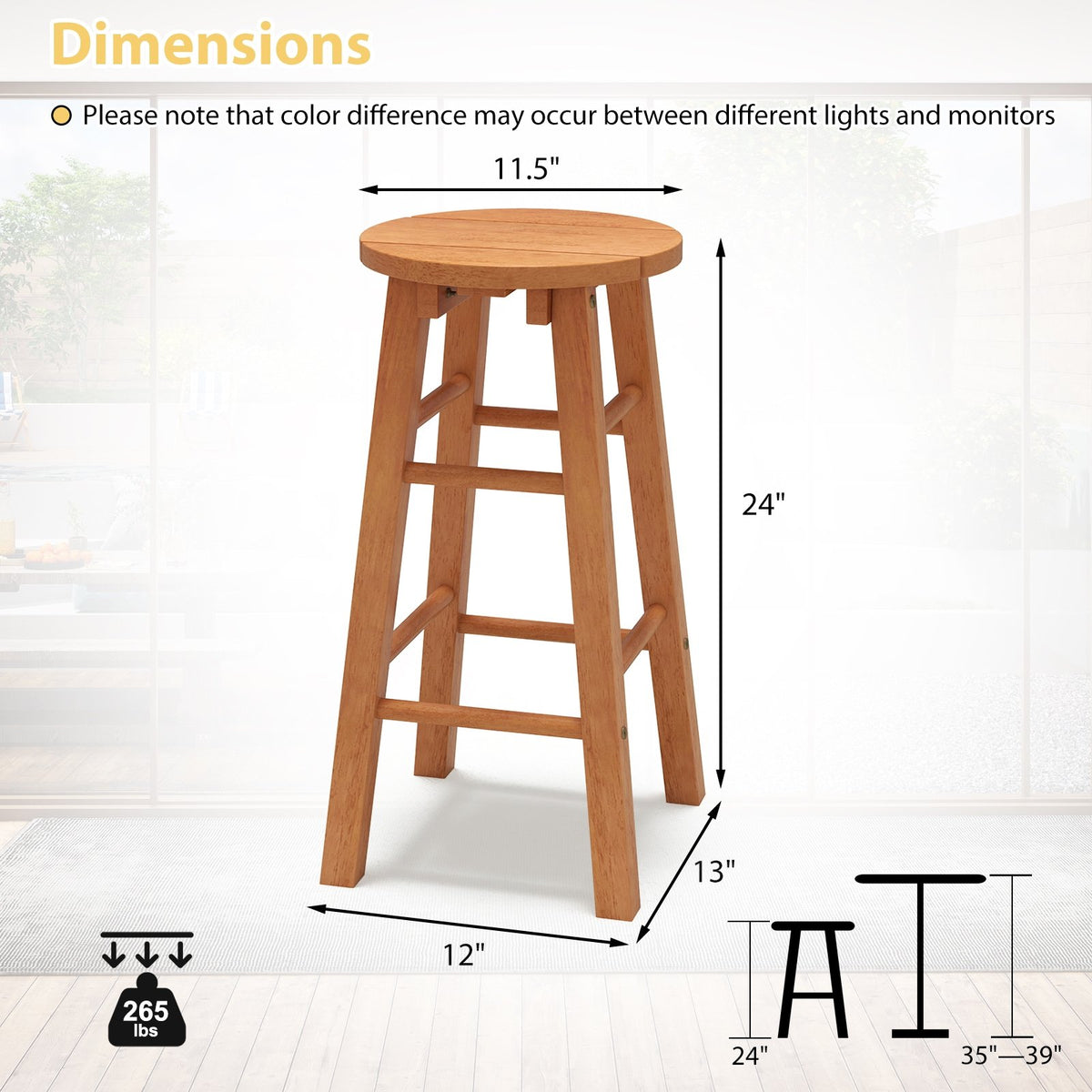 24-Inch Outdoor Wood Bar Stools Set of 2 with Round Seat and Footrest view 4