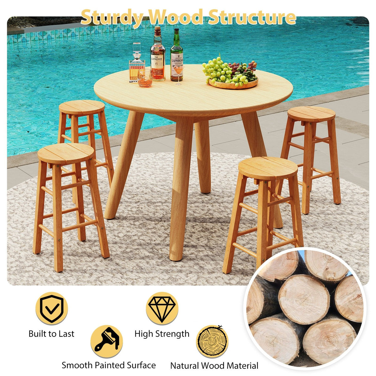 24-Inch Outdoor Wood Bar Stools Set of 2 with Round Seat and Footrest view 5