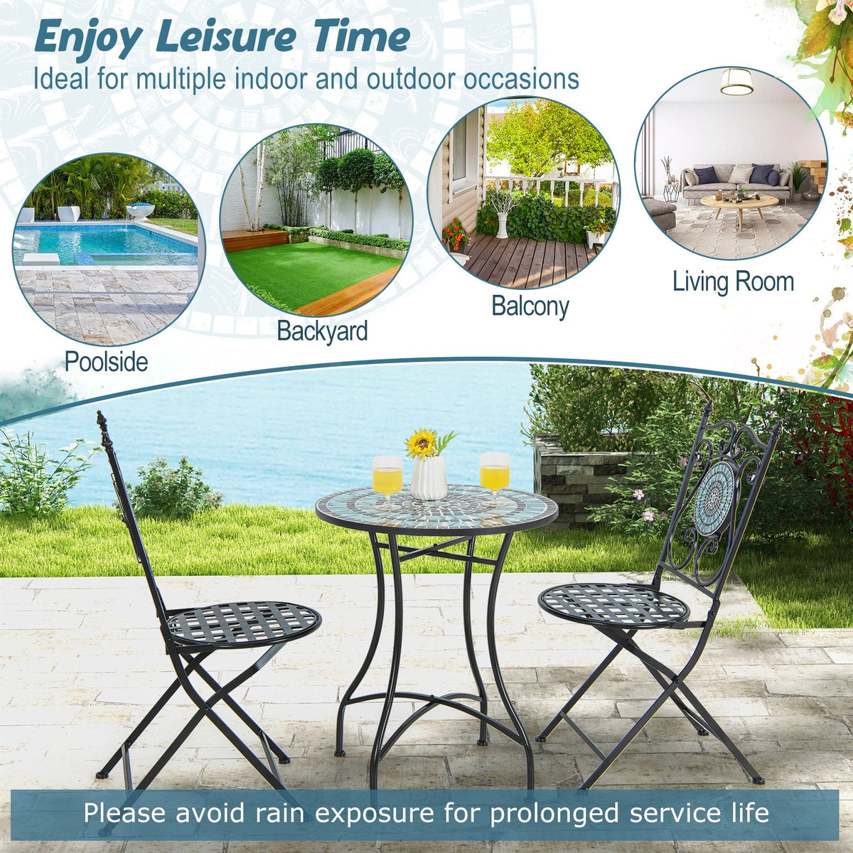 24 Inch Patio Bistro Table with Ceramic Tile Tabletop-Blue view 8