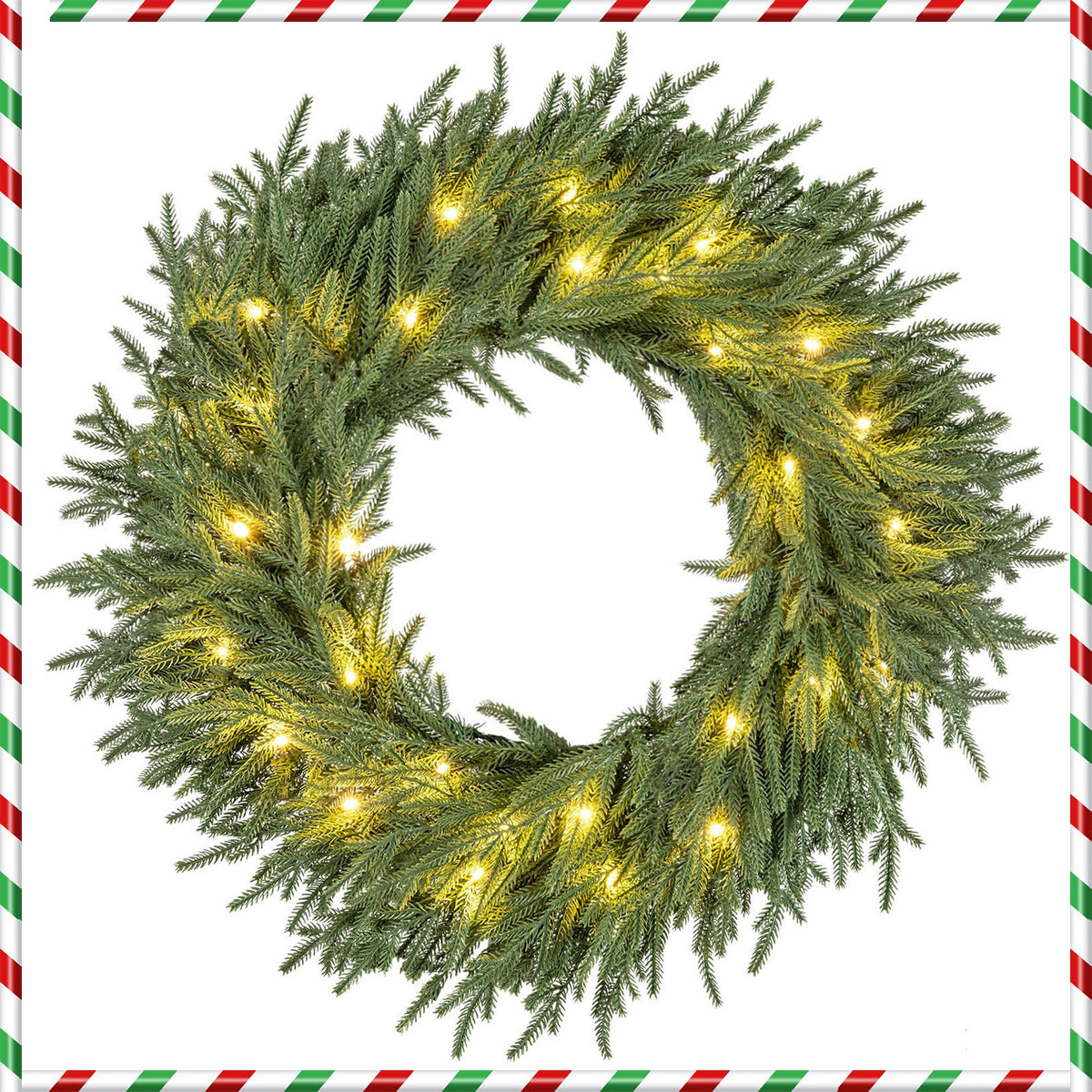 24 Inch Pre-lit Christmas Wreath with 108 Branch Tips and 35 Warm White LED Lights for Wall Window-1 piece