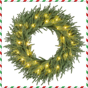 24 Inch Pre-lit Christmas Wreath with 108 Branch Tips and 35 Warm White LED Lights for Wall Window-1 piece