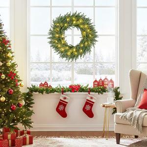 24 Inch Pre-lit Christmas Wreath with 108 Branch Tips and 35 Warm White LED Lights for Wall Window-1 piece view 2