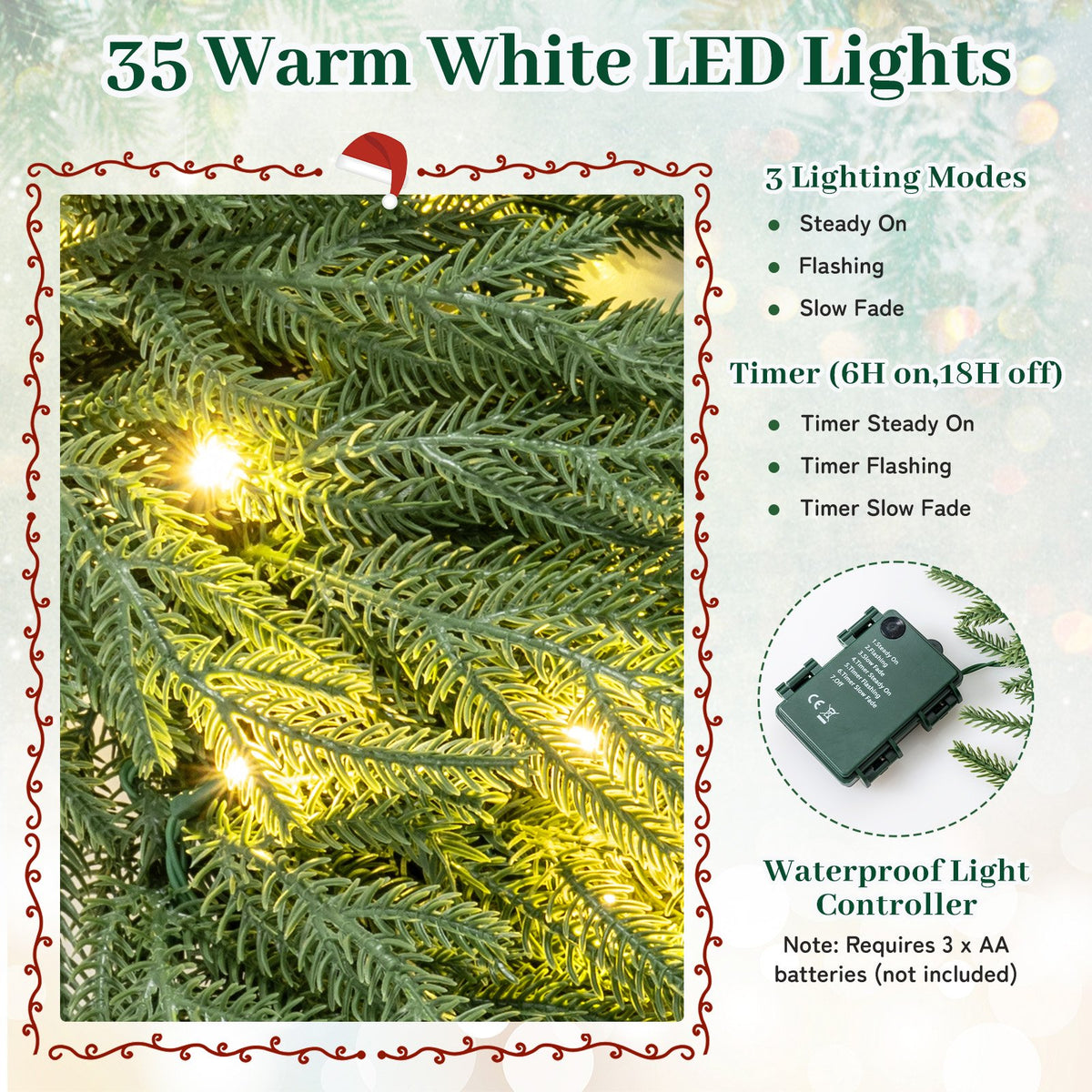 24 Inch Pre-lit Christmas Wreath with 108 Branch Tips and 35 Warm White LED Lights for Wall Window-1 piece view 6