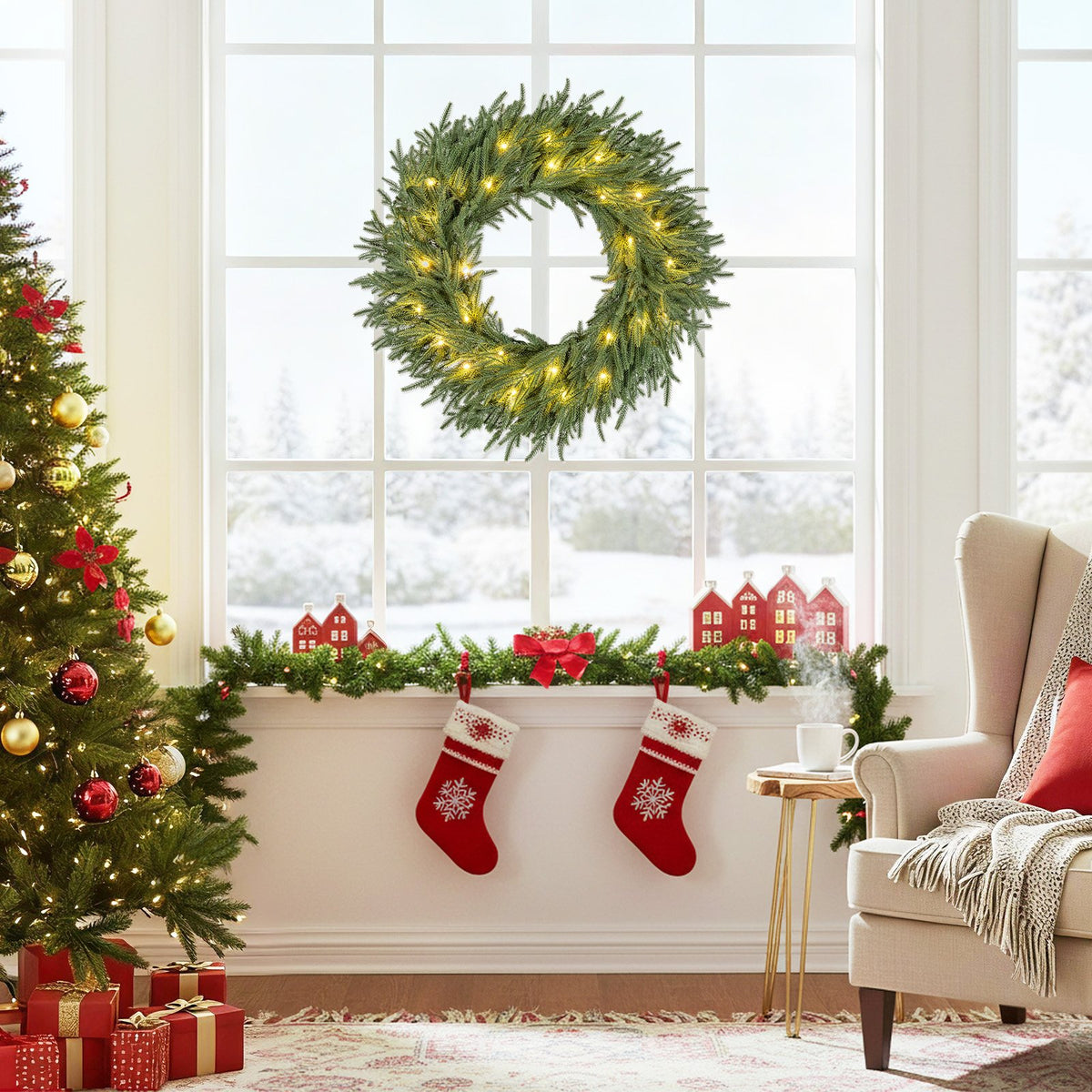 24 Inch Pre-lit Christmas Wreath with 108 Branch Tips and 35 Warm White LED Lights for Wall Window-2 piece view 3
