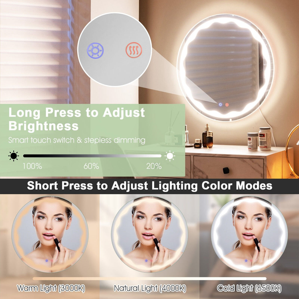 24 Inch Round Wall Mirror with 3-Color LED Lights and Smart Touch Button view 5