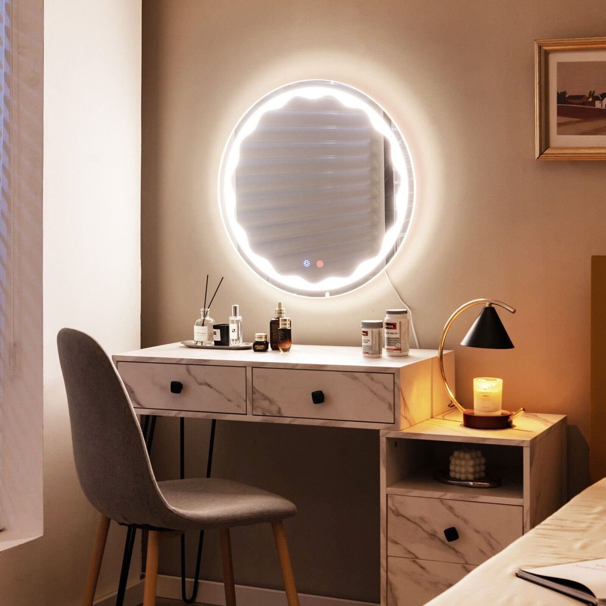 24 Inch Round Wall Mirror with 3-Color LED Lights and Smart Touch Button view 6