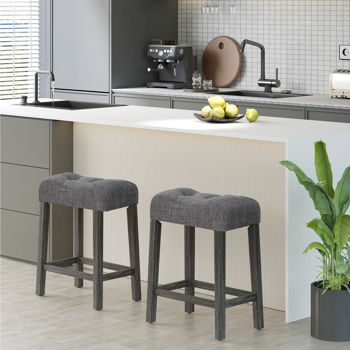 24 Inch Set of 2 Saddle Bar Stools with Padded Seat-Gray view 2