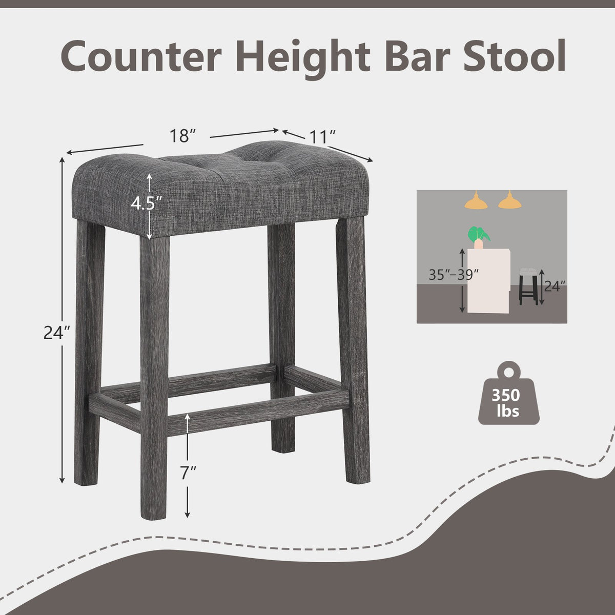 24 Inch Set of 2 Saddle Bar Stools with Padded Seat-Gray view 5