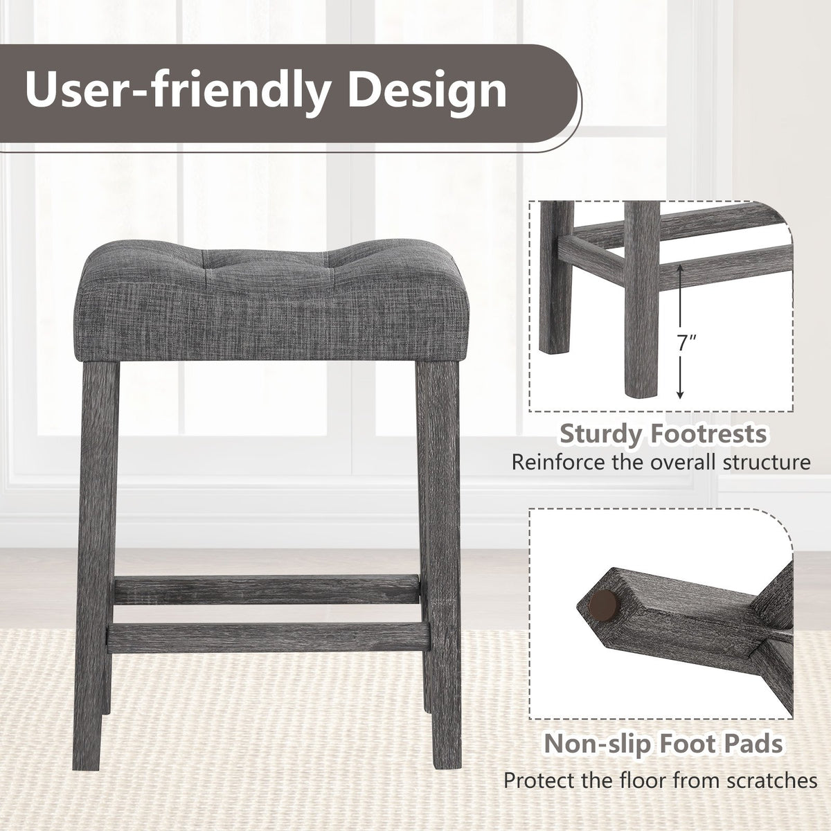 24 Inch Set of 2 Saddle Bar Stools with Padded Seat-Gray view 9