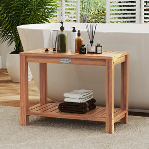 24 Inch Teak Wood Shower Bench Inside Shower Stool with Storage Shelf view 3