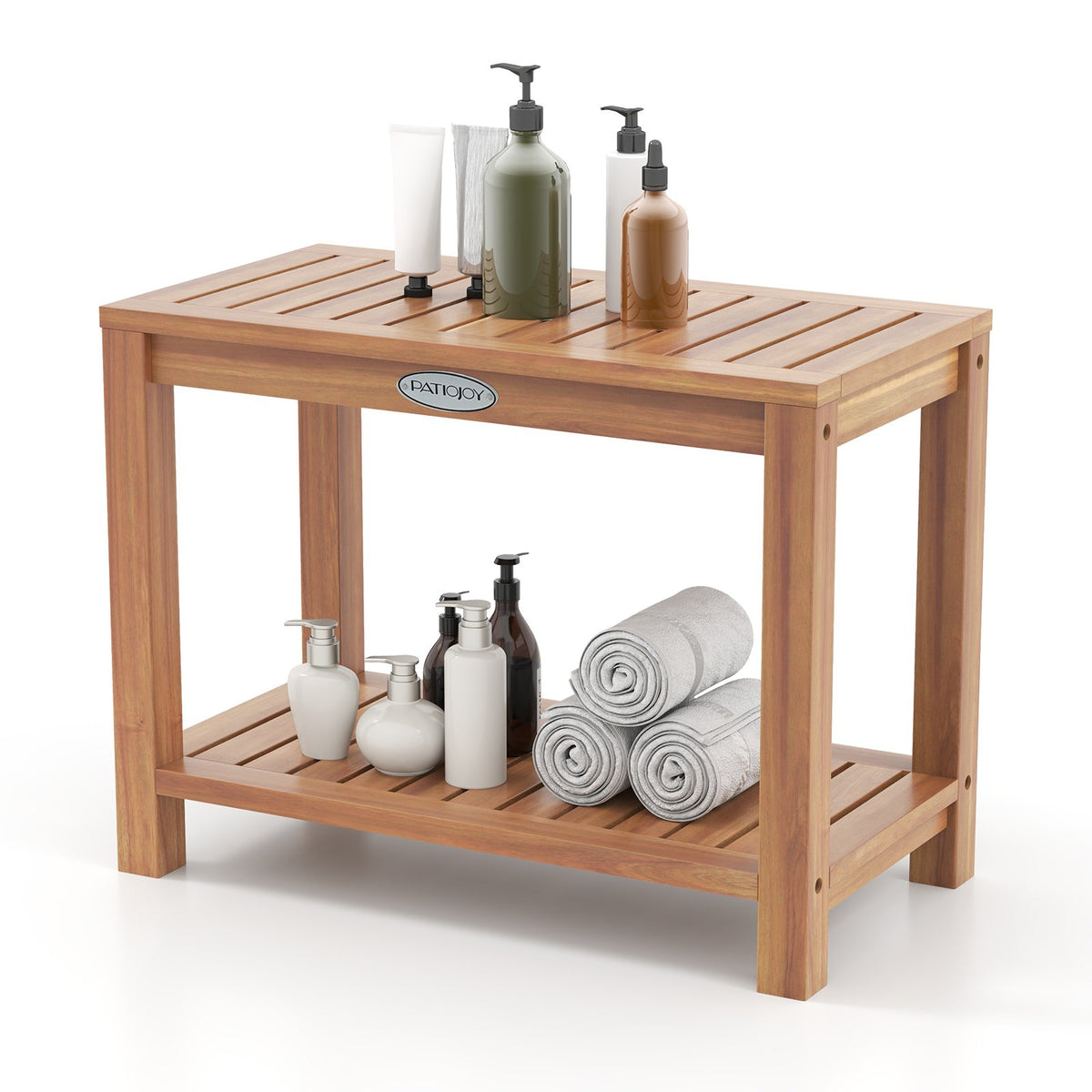 24 Inch Teak Wood Shower Bench Inside Shower Stool with Storage Shelf view 4