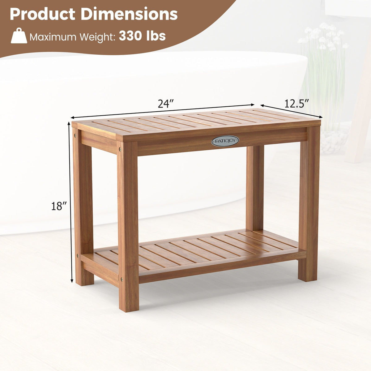 24 Inch Teak Wood Shower Bench Inside Shower Stool with Storage Shelf view 5