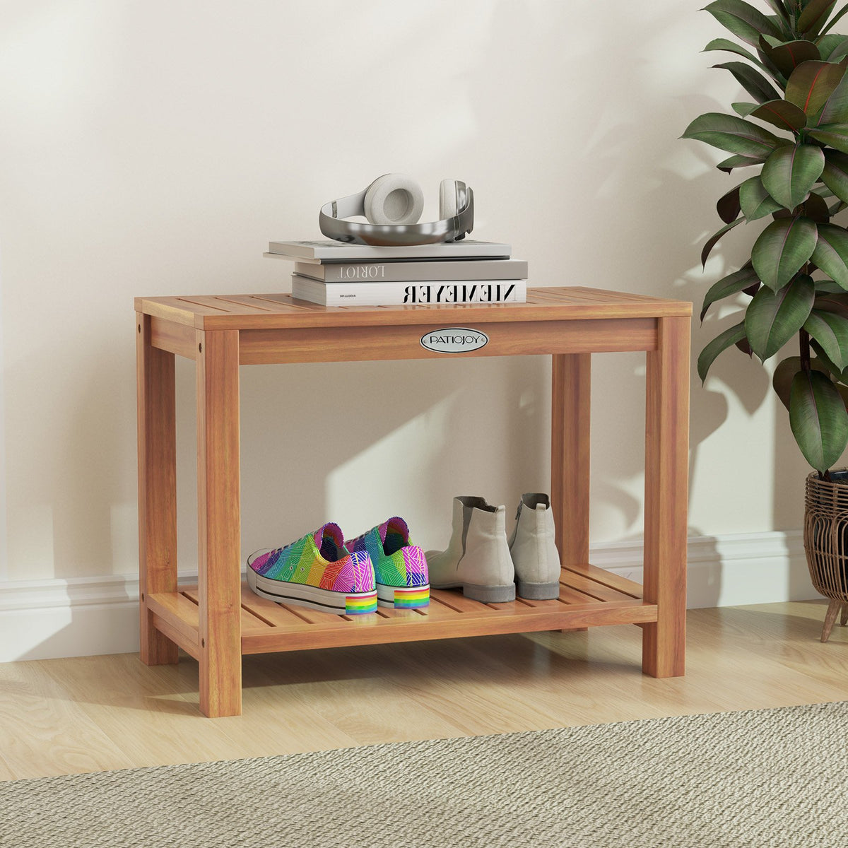 24 Inch Teak Wood Shower Bench Inside Shower Stool with Storage Shelf view 6